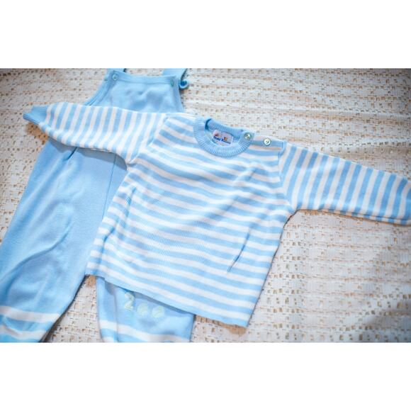 Vintage 90s Baby Boy Overalls, Light Blue Knit Football Baseball, Toddler 24 Mo - Picture 2 of 15